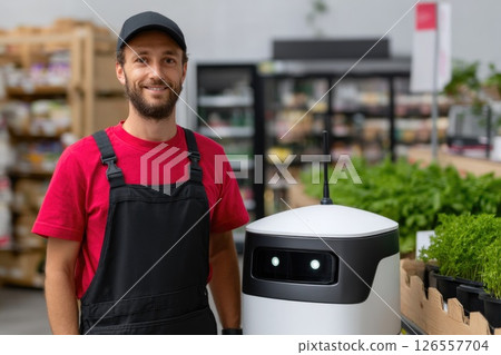 Grocery Store Worker Standing Proudly with Robot Assistant Grocery Store Worker Standing Proudly with Robot Assistant 126557704