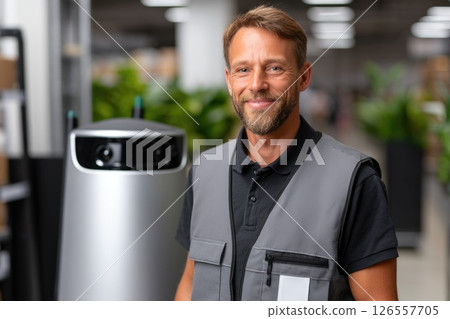 Warehouse Employee Smiling with Automated Robot 126557705
