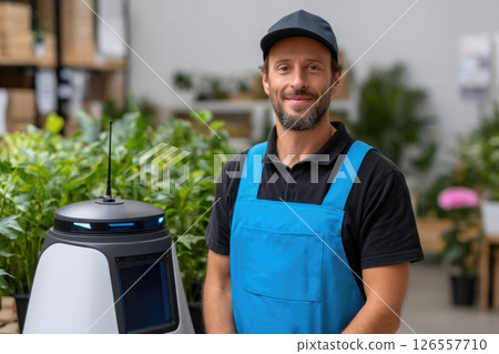 Friendly Worker with Robot Assistant in Garden Center Friendly Worker with Robot Assistant in Garden Center 126557710