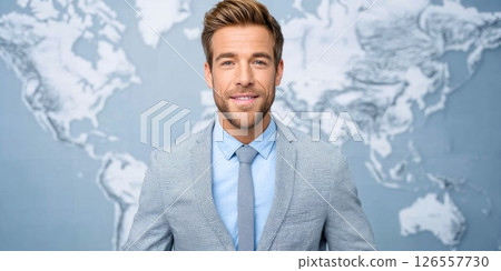 Professional Young Businessman with World Map Background Professional Young Businessman with World Map Background 126557730