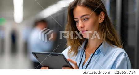 Young Woman Working in Data Center with Digital Tablet 126557734