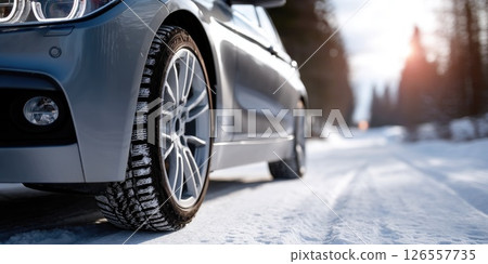 Car Parked on Snowy Winter Road 126557735