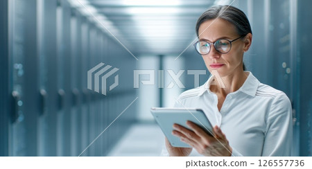 Mature Woman Technician Using Tablet in Data Center 126557736