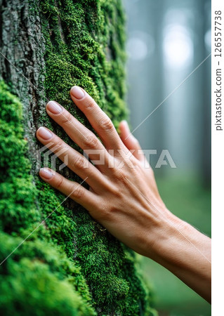 Hand Touching Green Moss on Tree Trunk in Misty Forest 126557738