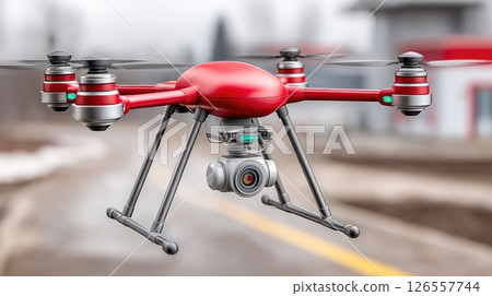 Red Drone with Camera Hovering over Outdoor Urban Area 126557744