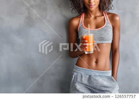 Healthy Woman in Fitness Clothing Holding Fresh Juice 126557757