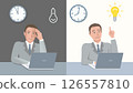 In evening businessman sits in stupor, exhausted and deep in thought. By morning he looks refreshed, found a brilliant idea. 126557810