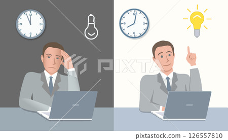 In evening businessman sits in stupor, exhausted and deep in thought. By morning he looks refreshed, found a brilliant idea. 126557810