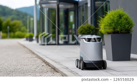Small Autonomous Courier Robot Waiting Near Entrance Small Autonomous Courier Robot Waiting Near Entrance 126558029