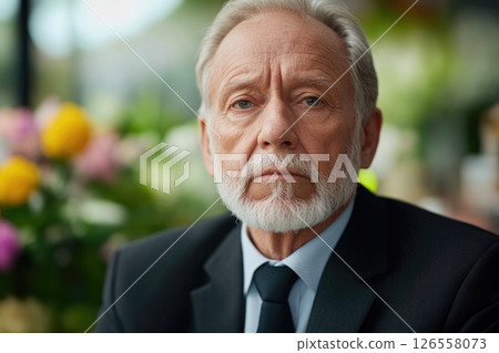 Thoughtful Elderly Man at a Funeral Service Thoughtful Elderly Man at a Funeral Service 126558073