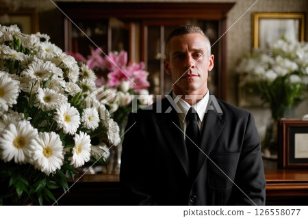 Solemn Funeral Home Attendant Surrounded by Flowers Solemn Funeral Home Attendant Surrounded by Flowers 126558077