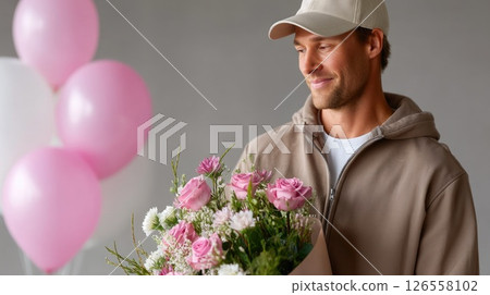 Smiling Delivery Man Holding Bouquet of Flowers with Balloons 126558102