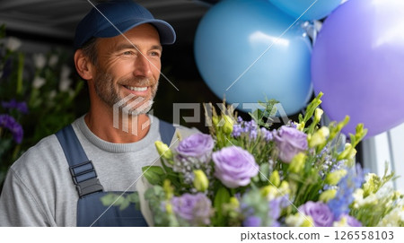 Happy Florist Delivering Beautiful Bouquet with Blue Balloons Happy Florist Delivering Beautiful Bouquet with Blue Balloons 126558103
