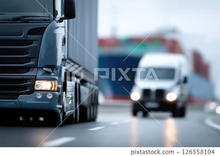 Freight Truck and Cargo Van on Busy Highway with Blurred Ship Background Freight Truck and Cargo Van on Busy Highway with Blurred Ship Background 126558104