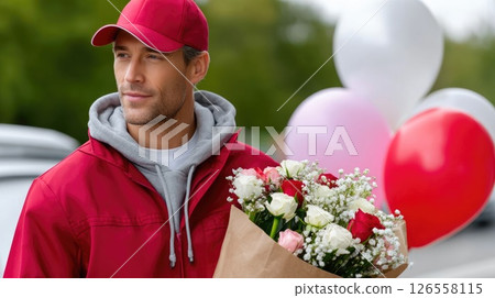 Thoughtful Delivery Man Holding Flower Bouquet and Balloons 126558115