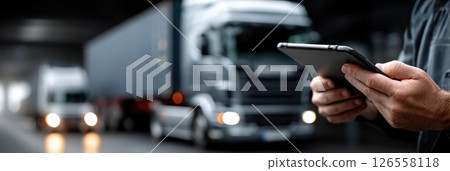Logistics Manager Using Tablet in Front of Freight Trucks Logistics Manager Using Tablet in Front of Freight Trucks 126558118