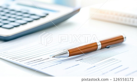 Pen Resting on Document with Calculator on Office Desk Pen Resting on Document with Calculator on Office Desk 126558172