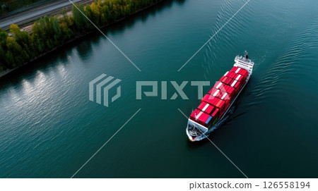 Cargo Ship Transporting Containers on River Cargo Ship Transporting Containers on River 126558194