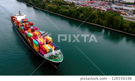 Colorful Container Ship Approaching Port 126558196