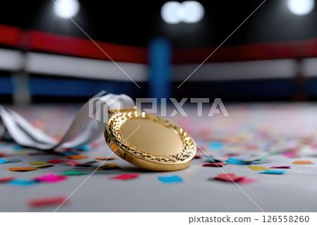 Gold Medal on Boxing Ring Floor with Confetti 126558260
