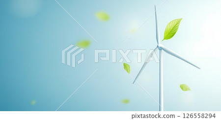 Conceptual wind turbine with green leaves and clean energy theme 126558294