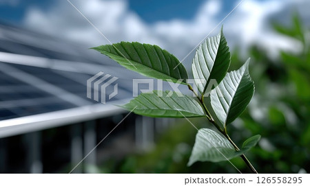 Fresh green leaves in front of modern solar panels 126558295