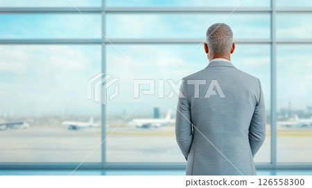 Rear view of businessman looking out airport window at airplanes 126558300