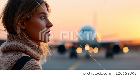 Profile of young woman at airport with airplane in background at sunset 126558302
