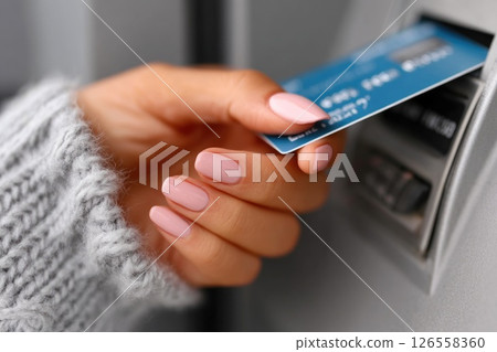 Woman inserting credit card into ATM machine Woman inserting credit card into ATM machine 126558360