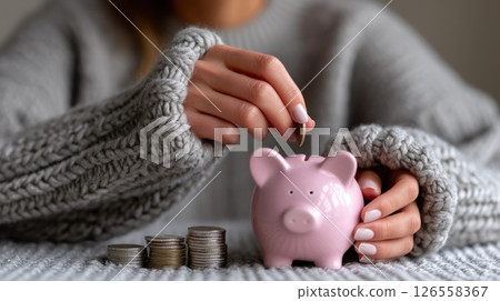 Saving money by inserting coin into piggy bank 126558367
