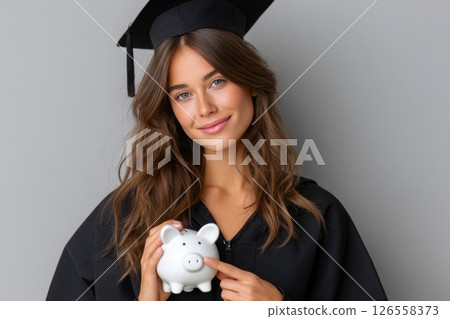 Smiling graduate holding piggy bank for savings 126558373