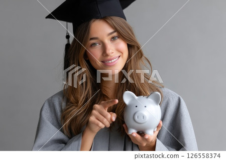 Graduate in gown pointing at white piggy bank 126558374