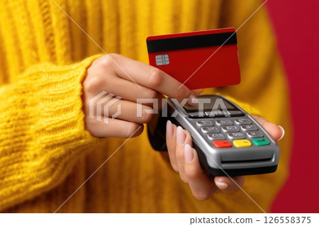 Inserting red card into payment terminal 126558375