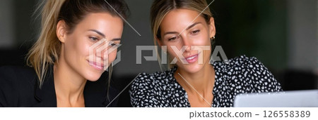 Two professional women working on laptop together 126558389