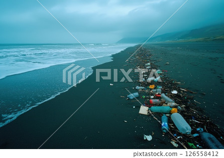 Ocean Shoreline Polluted with Plastic Trash Ocean Shoreline Polluted with Plastic Trash 126558412