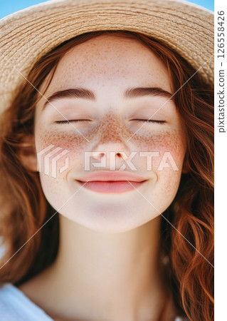Smiling Freckled Woman with Hat 126558426