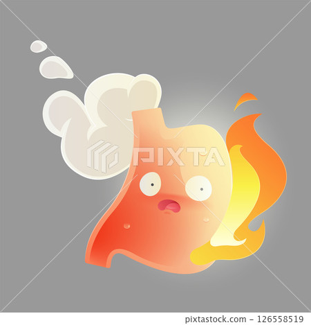 A cartoon stomach character with a fire character on it is used to show the symptom of acid reflux. 126558519