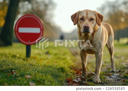 Red prohibition sign near walking dog Red prohibition sign near walking dog 126558585