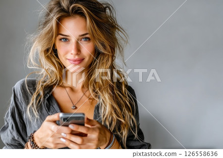Modern woman holding a mobile phone Modern woman holding a mobile phone 126558636