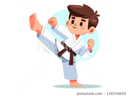 A boy is practicing karate kicks. A boy is practicing karate kicks. 126558650