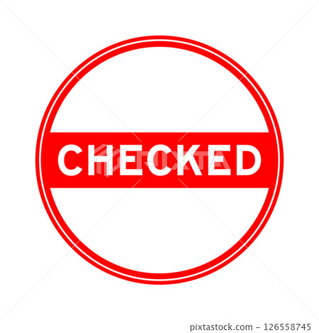 Red color round seal sticker in word checked on white background 126558745