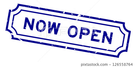 Grunge blue now open word rubber seal stamp on white background 126558764