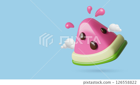 Juicy watermelon piece in clouds cute 3d emoji on sky blue background 126558822