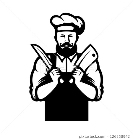 Illustration of a butcher with hatchet and meat. Design element for emblem, sign, badge. Vector illustration 126558942