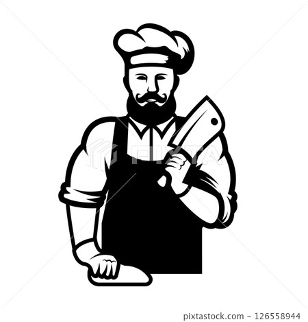 Illustration of a butcher with hatchet and meat. Design element for emblem, sign, badge. Vector illustration 126558944