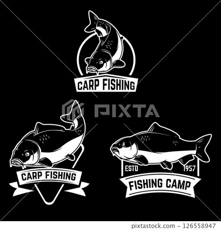 Set of carp fishing emblems in monochrome style. Carp fish logo, label, sign, poster, badge. 126558947