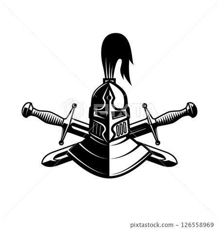 Knight helmet with crossed swords. Warrior helmet with swords. Design element 126558969