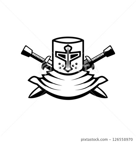 Knight helmet with crossed swords. Warrior helmet with swords. Design element 126558970
