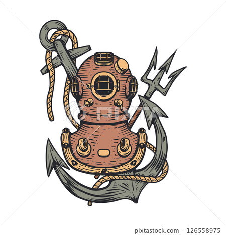 Vintage diver helmet with anchor. Nautical dive helmet with anchor. Design element Vintage diver helmet with anchor. Nautical dive helmet with anchor. Design element 126558975