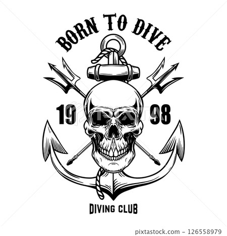 Vintage diver skull with anchor and tridents. Nautical sailor skull with anchor. Sailor emblem. Design element Vintage diver skull with anchor and tridents. Nautical sailor skull with anchor. Sailor emblem. Design element 126558979